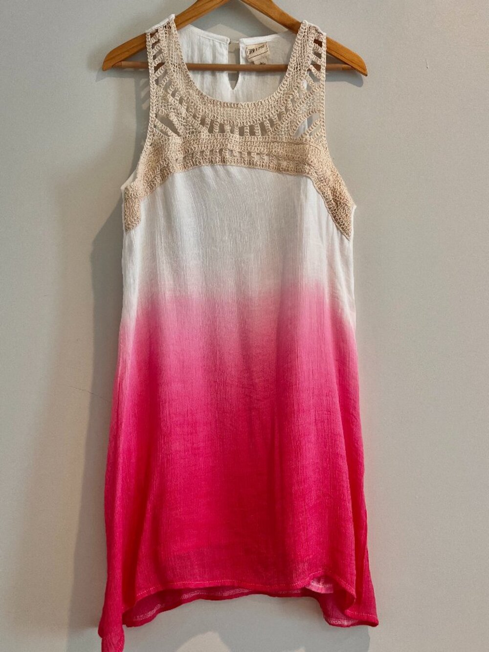 Boho Ombre Crochet Gauze Dress Size Large Pink White Ivory Fuchsia Sleeveless